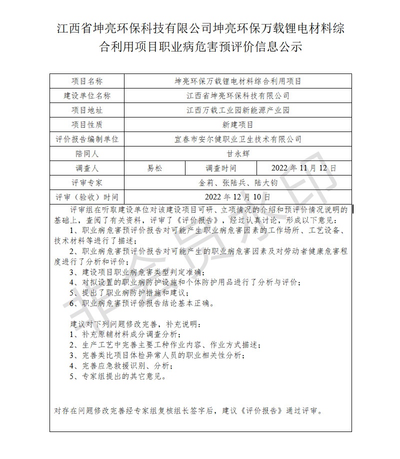 江西省坤亮環(huán)?？萍加邢薰纠ち镰h(huán)保萬載鋰電材料綜合利用項目職業(yè)病危害預(yù)評價信息公示.jpg
