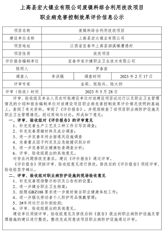 上高縣宏大鎳業(yè)有限公司-廢鎳料綜合利用技改項(xiàng)目-建設(shè)項(xiàng)目職業(yè)病危害控制效果評價信息公示.jpg